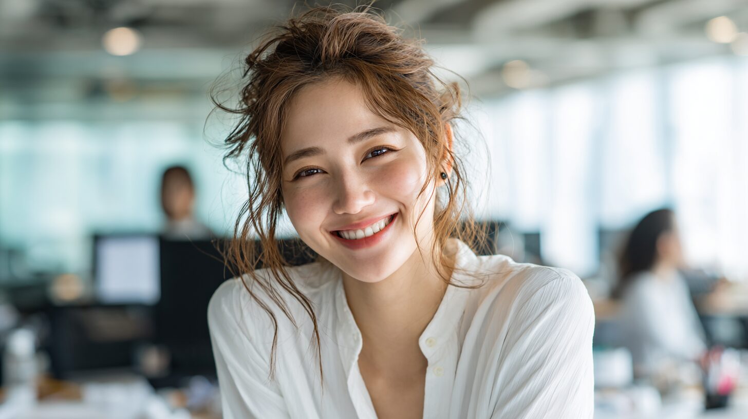 明るいオフィスでほほえむ女性のイメージ