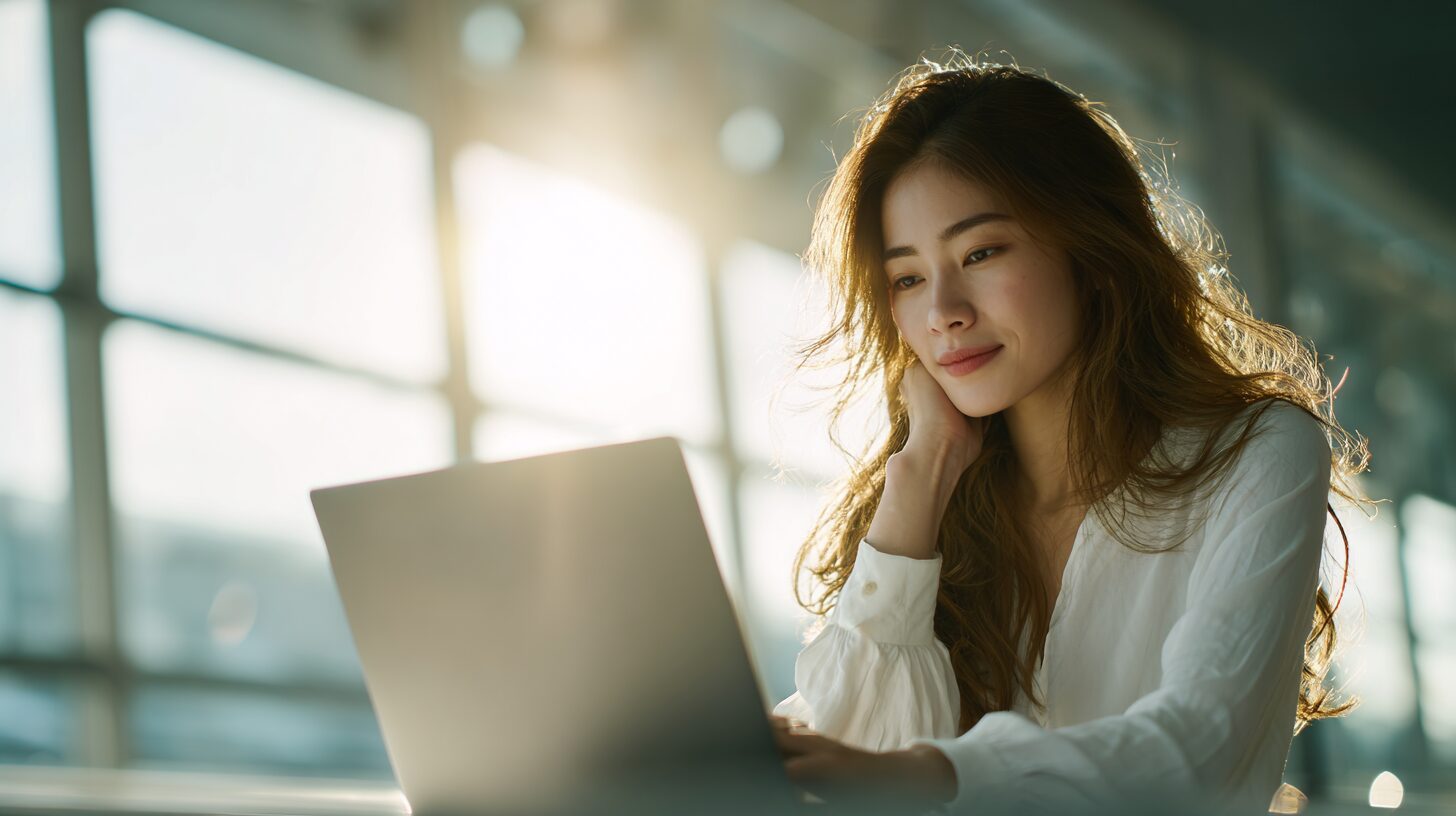 窓辺でノートパソコンに向かう女性のイメージ