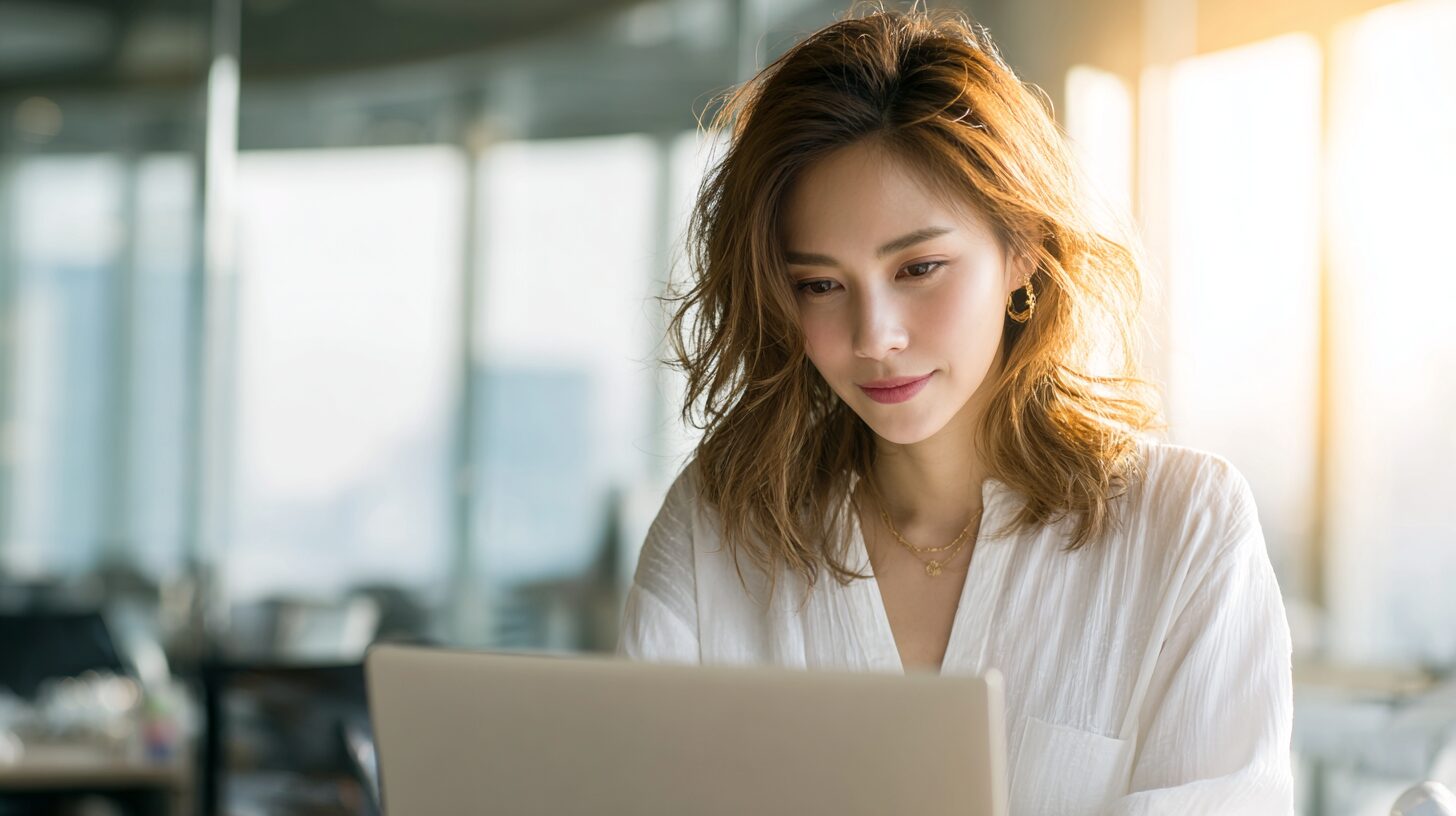 ノートパソコンの前で考えごとをする女性のイメージ