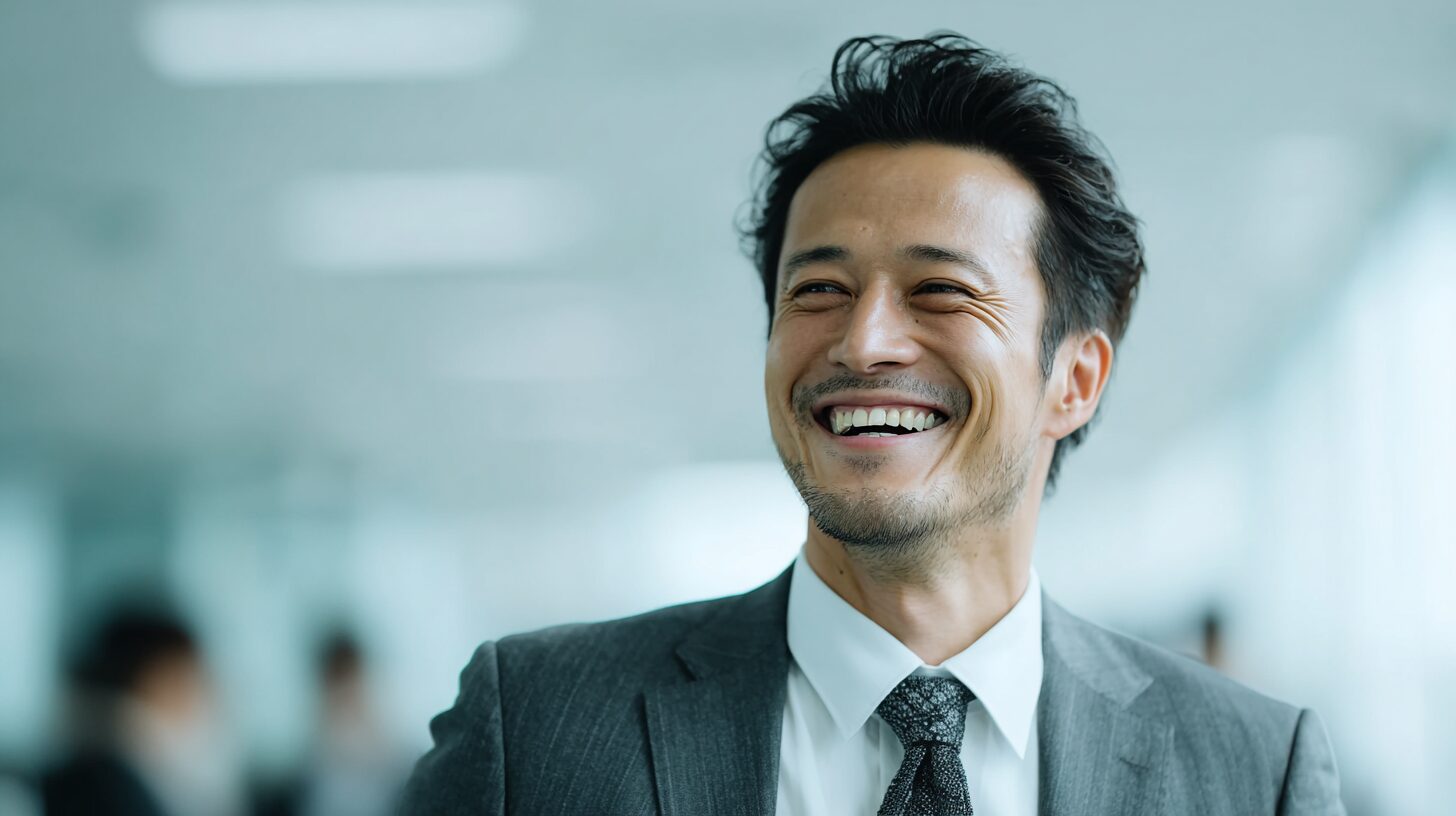 オフィスでほほえむスーツ姿の男性のイメージ