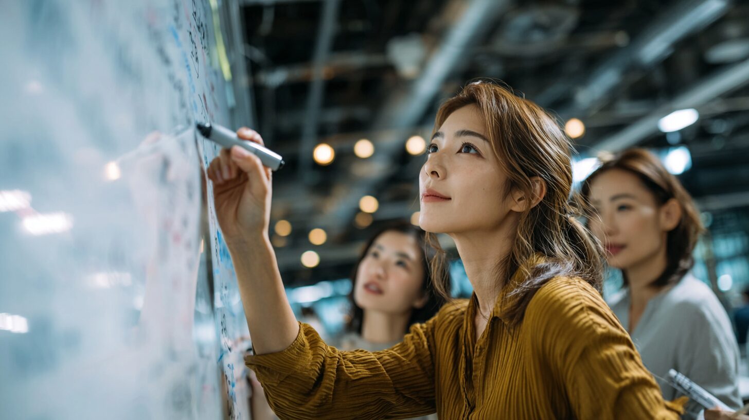 ホワイトボードに書き込みながら考える女性のイメージ