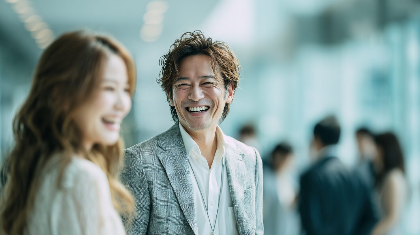 打ち合わせで笑顔を交わす男女のイメージ