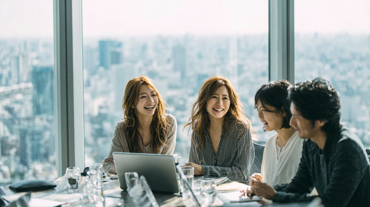 窓辺のテーブルで話し合う人たちのイメージ