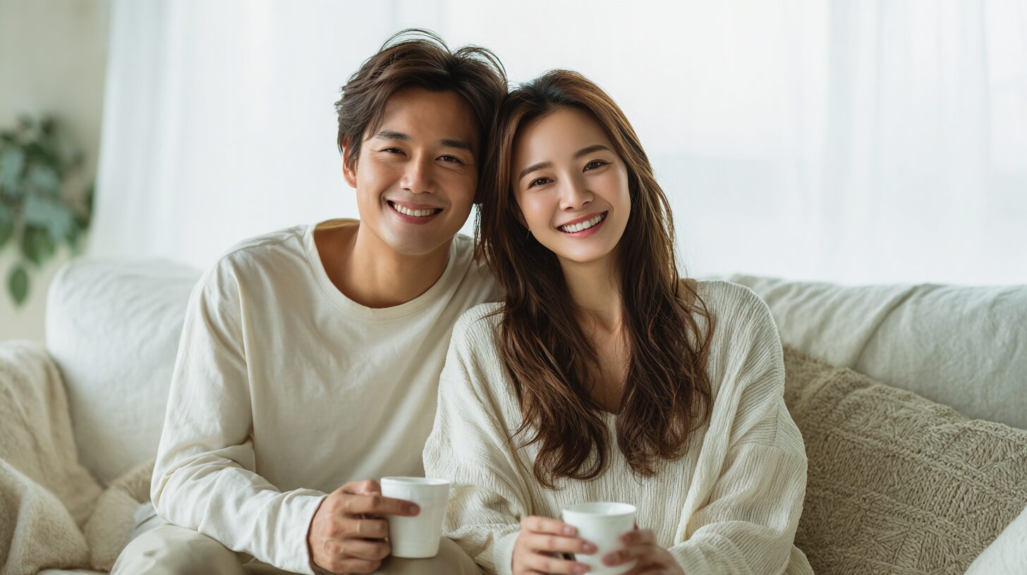 ソファで並んでくつろぐ男女のイメージ