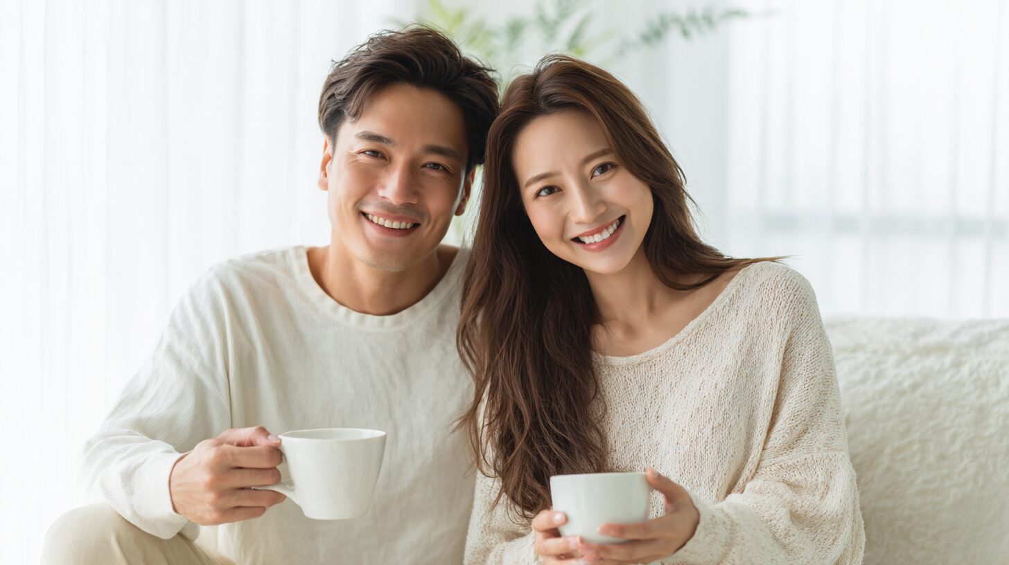 ソファでカップを手に笑い合う男女のイメージ