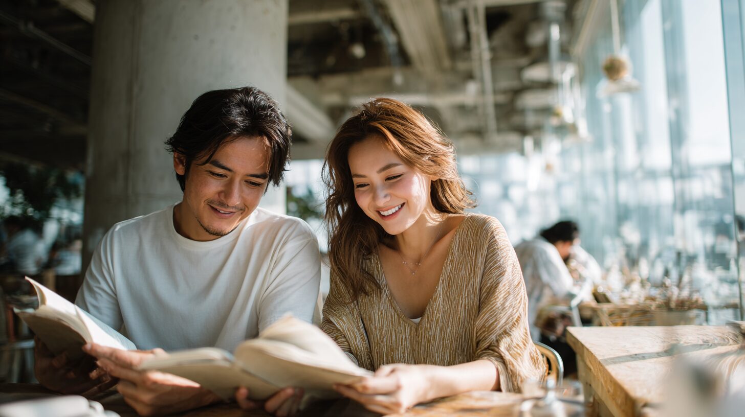 カフェで一冊の本を一緒に読む男女のイメージ