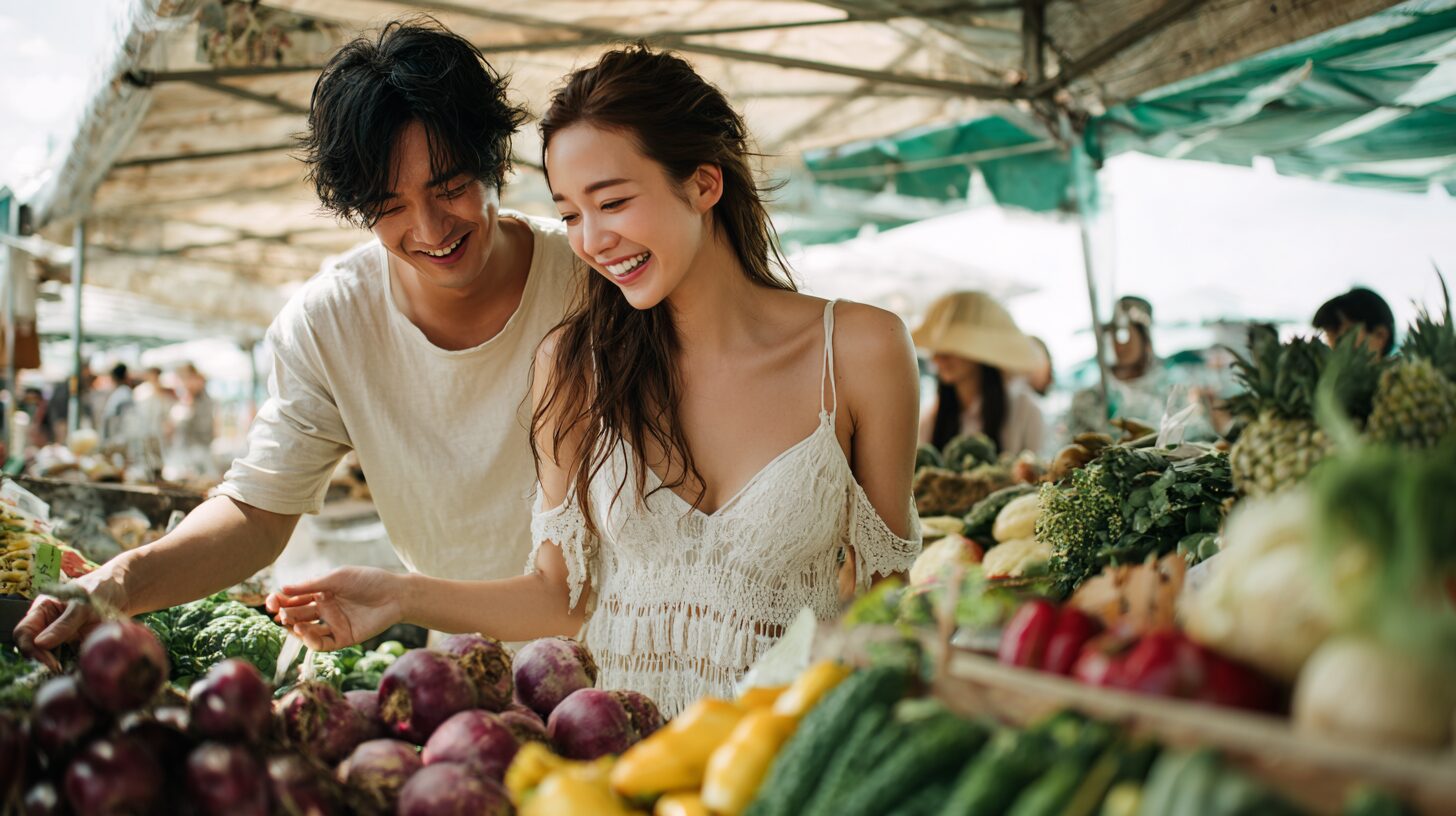 マルシェで野菜を選ぶ男女のイメージ