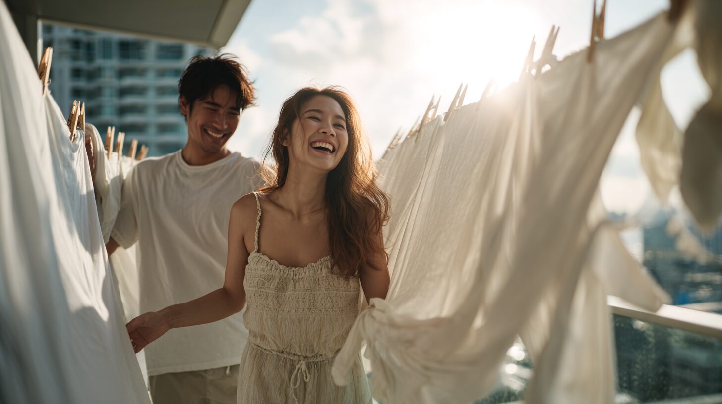 洗濯物を干しながら笑い合う男女のイメージ