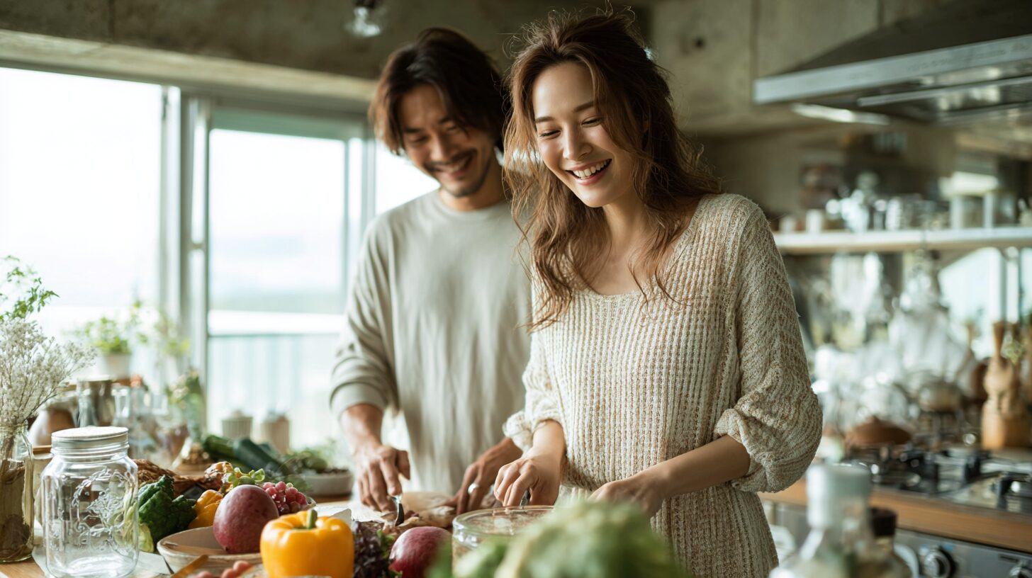 キッチンで一緒に料理をする男女のイメージ