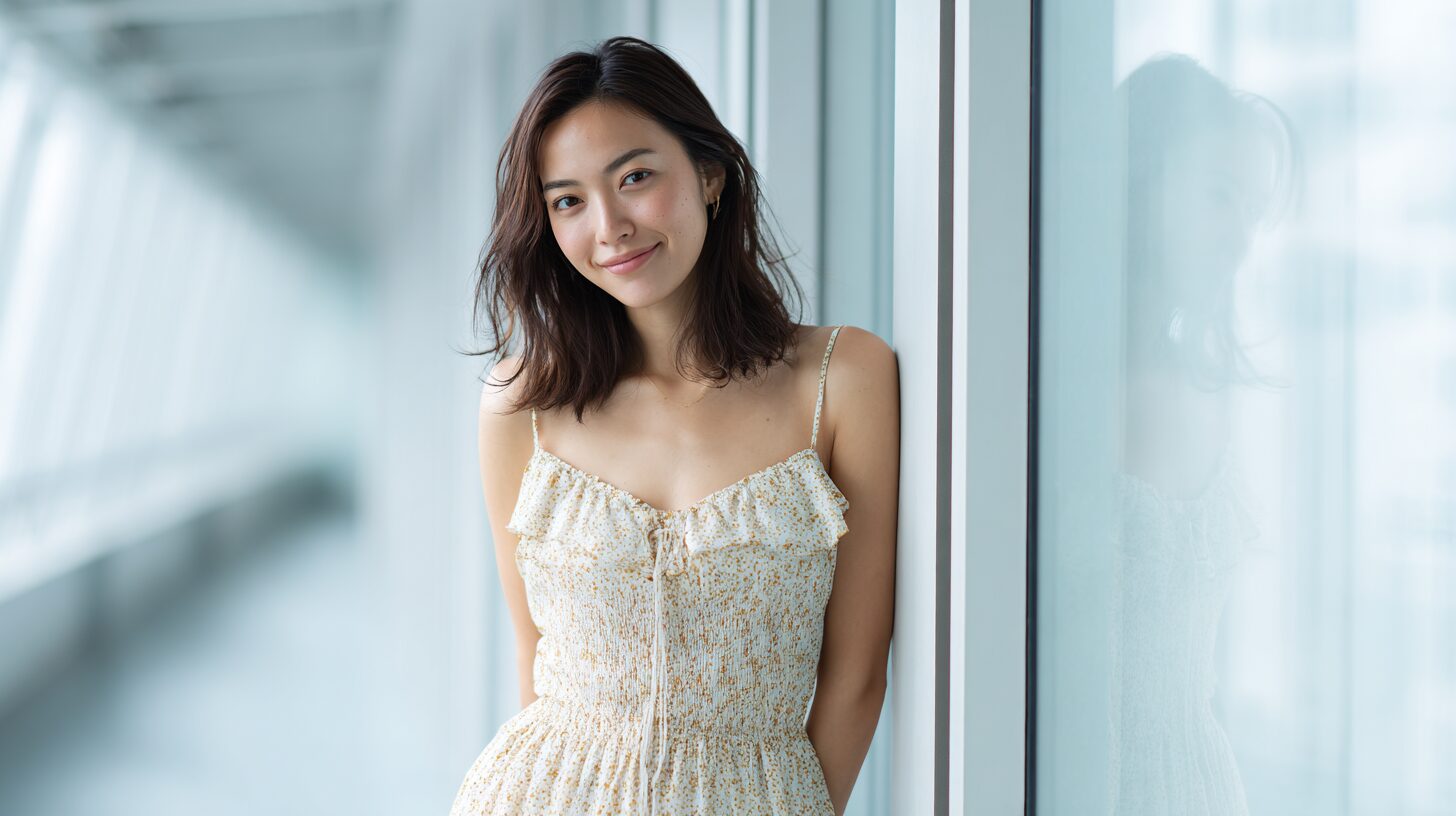 窓辺に立ってほほえむ女性のイメージ