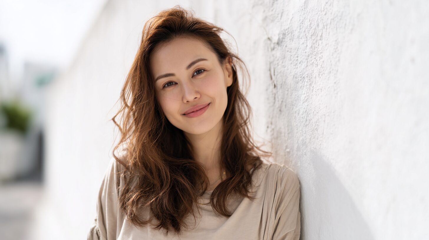 白い壁の前でほほえむ女性のポートレートのイメージ