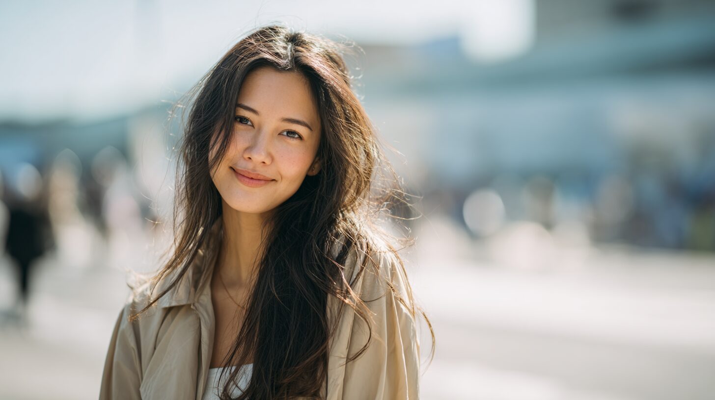 街なかで前を向いてほほえむ女性のイメージ
