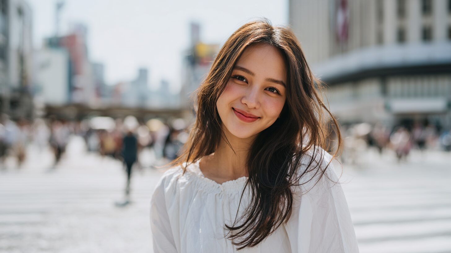 都会の通りでほほえむ女性のイメージ