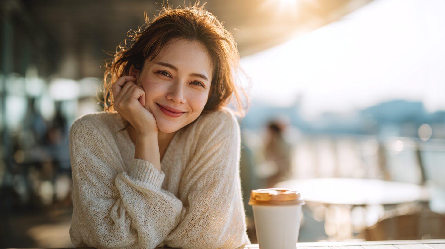 カフェで頬杖をついてほほえむ女性のイメージ