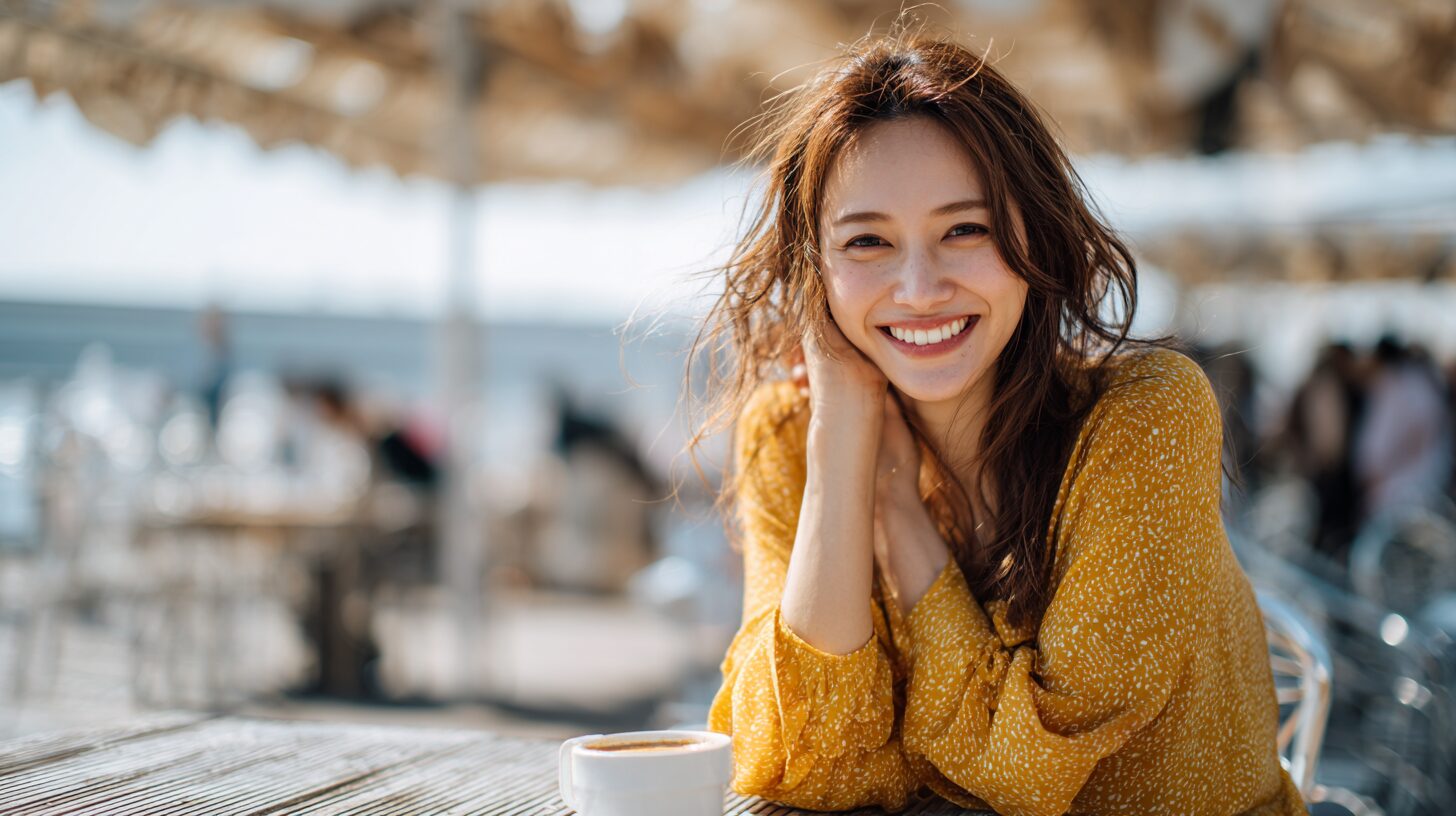 カフェで考えごとをしながらほほえむ女性のイメージ