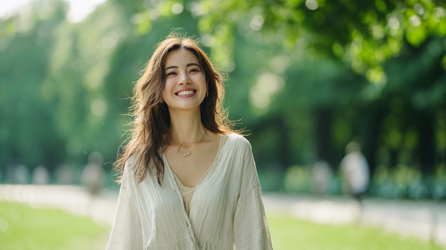公園の木陰でほほえむ女性のイメージ