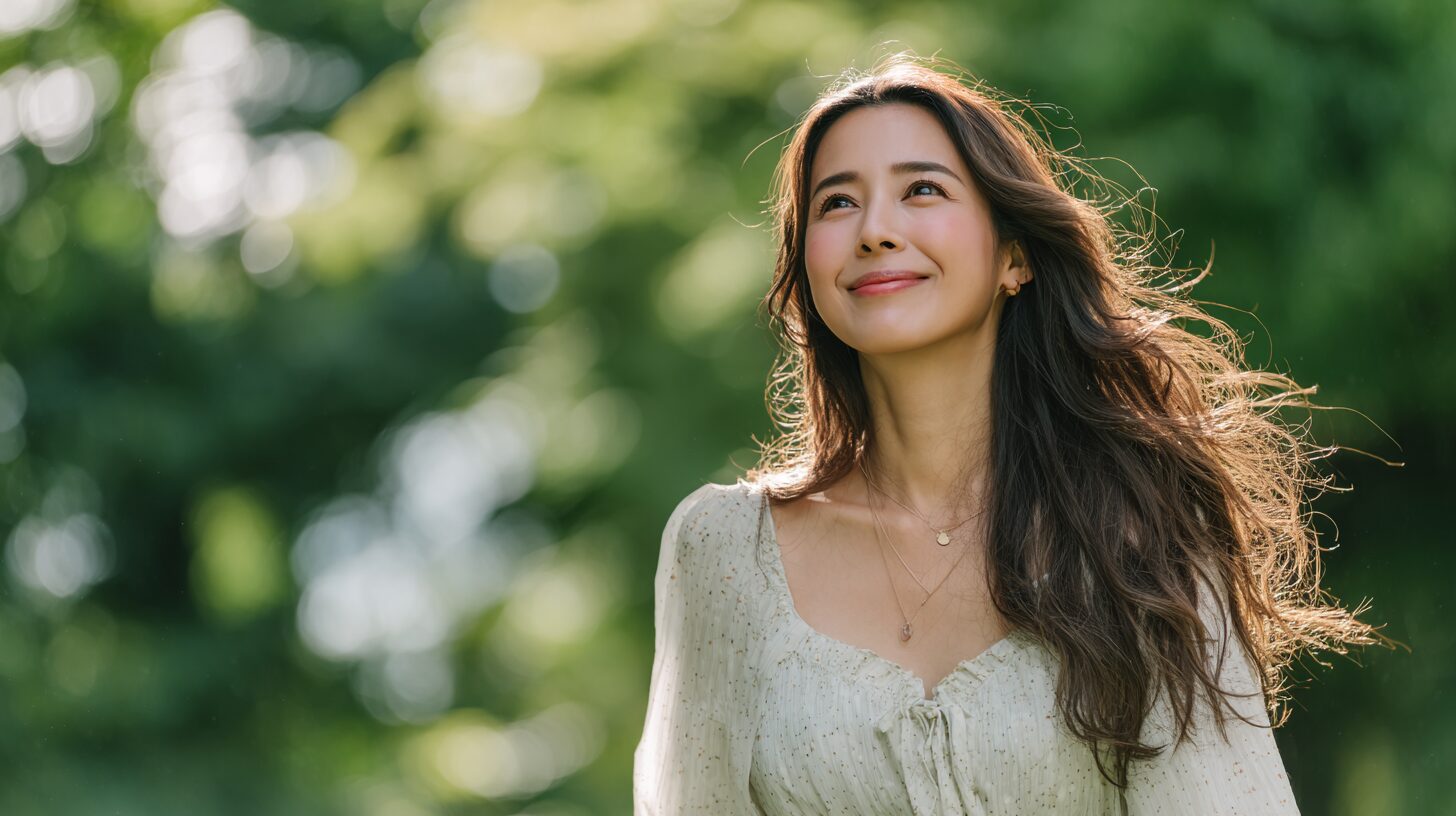 木々の中で空を見上げて深呼吸する女性のイメージ