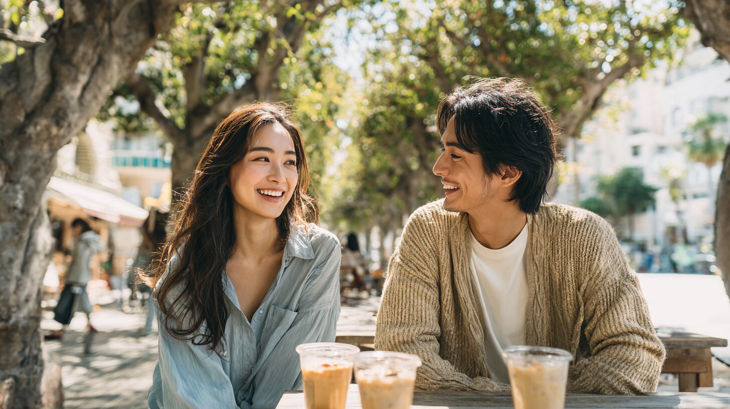 並木道のカフェでアイスコーヒーを囲む男女のイメージ