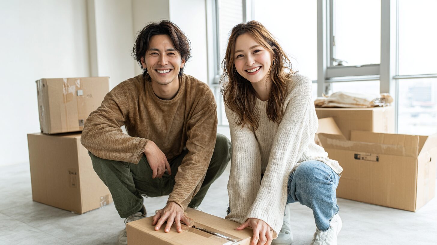 新居の段ボールを前に笑い合う男女のイメージ