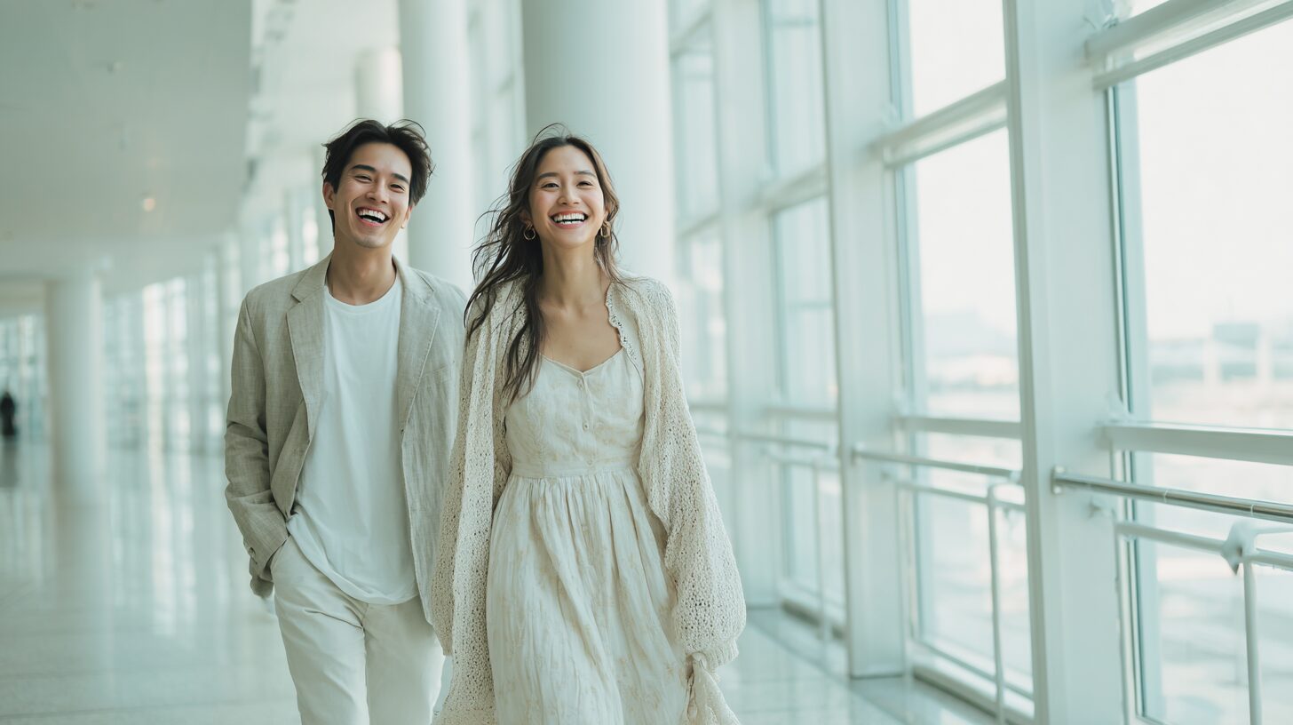 明るい回廊で笑い合う2人のイメージ写真