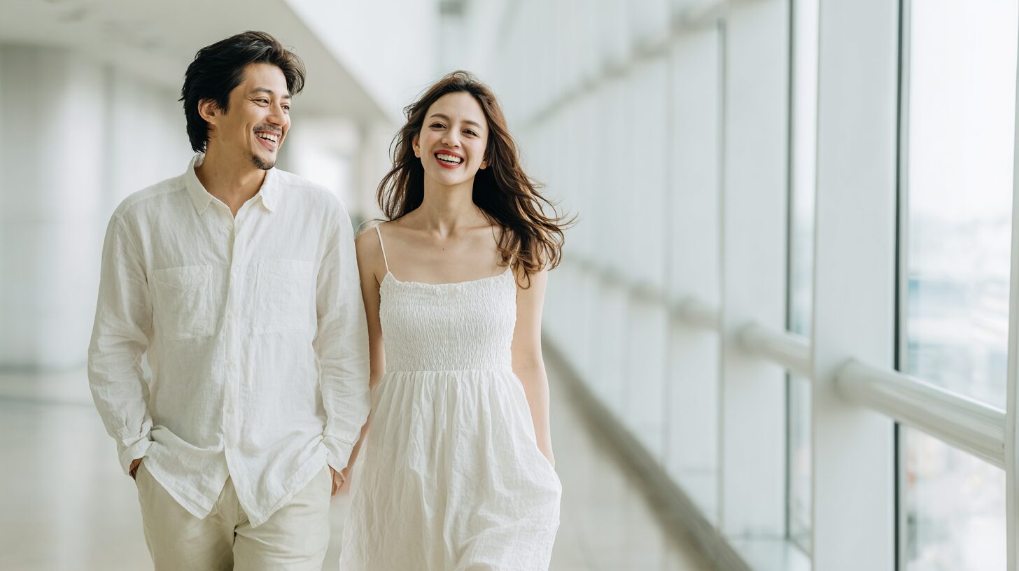 明るい通路を並んで歩く男女のイメージ