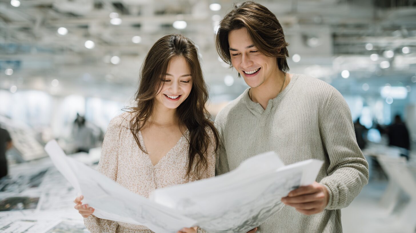 資料を広げて将来の住まいを話し合う男女のイメージ