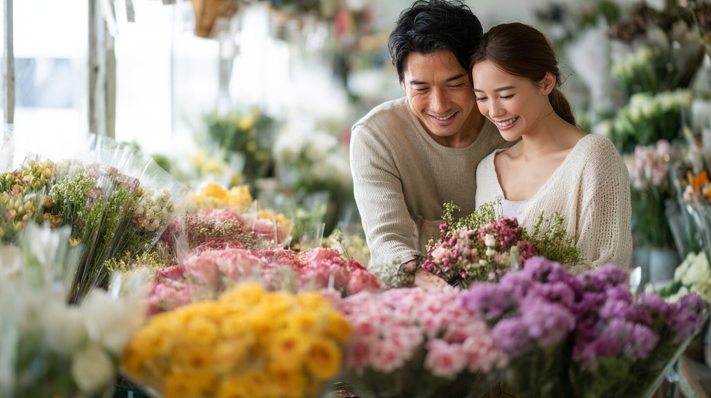 花に囲まれて寄り添う男女のイメージ
