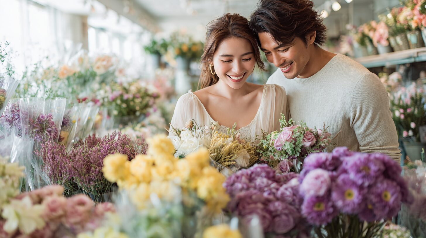 花に囲まれて笑い合う男女のイメージ