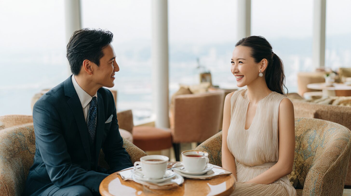 ホテルラウンジでお見合いの会話を楽しむ男女のイメージ