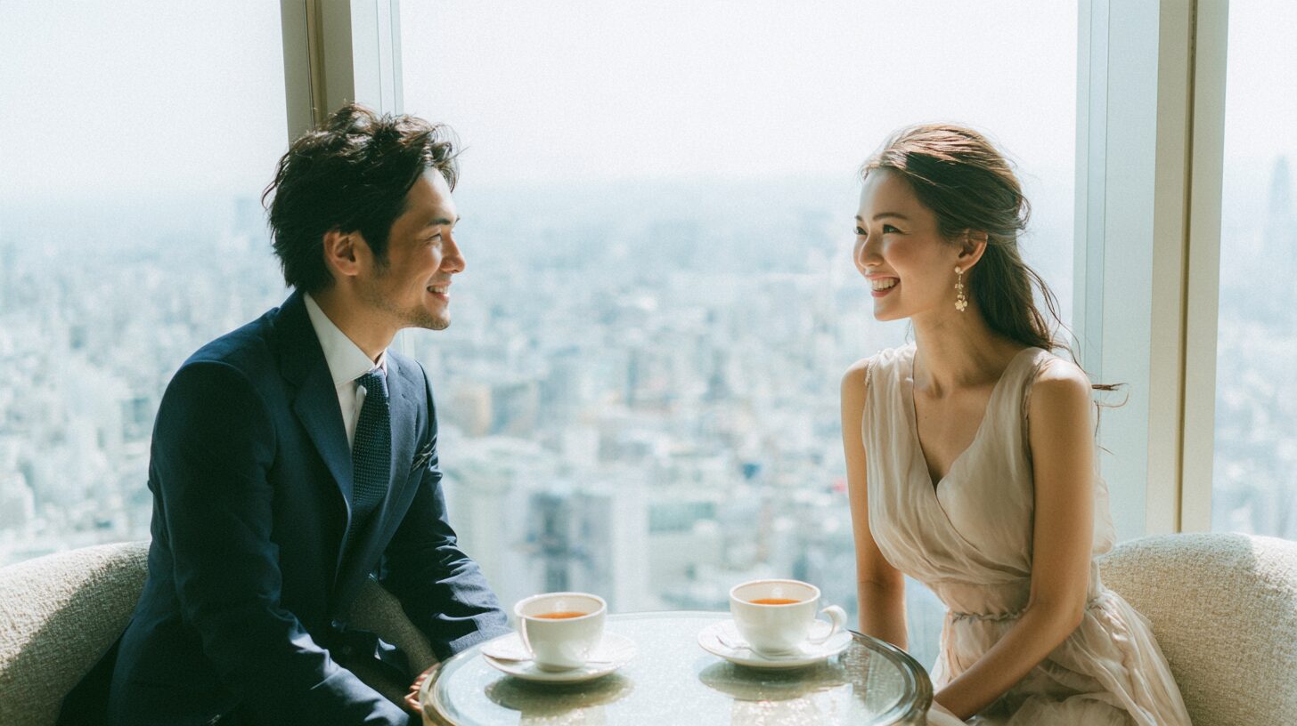 都心を見下ろすラウンジで向き合う男女のイメージ