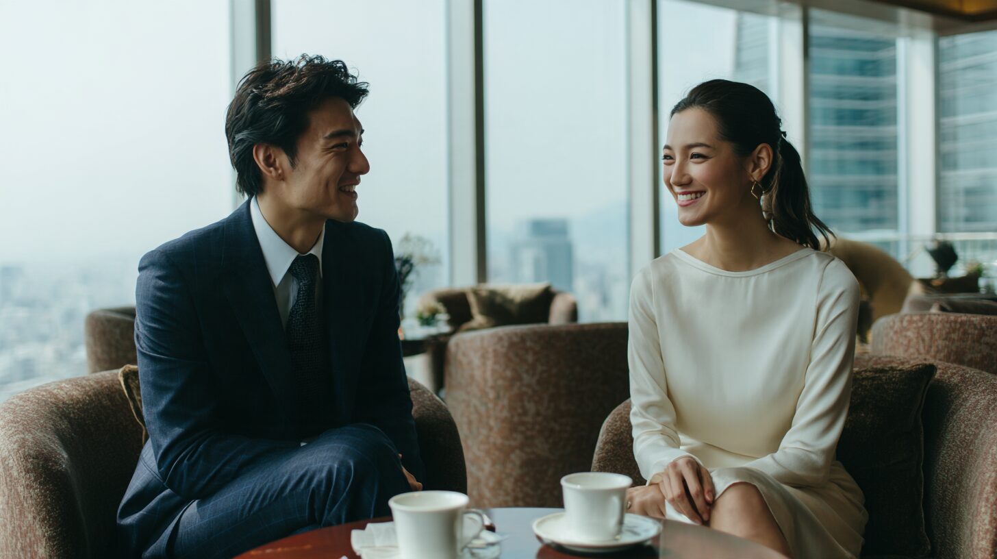 ホテルラウンジで向かい合って話す2人のイメージ写真
