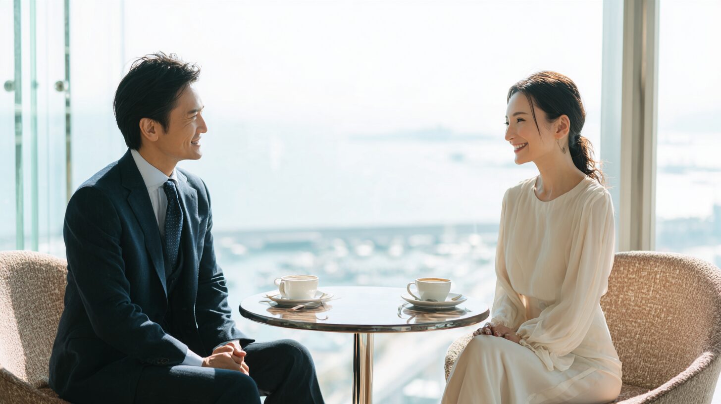 海の見えるラウンジでお見合いをする男女のイメージ