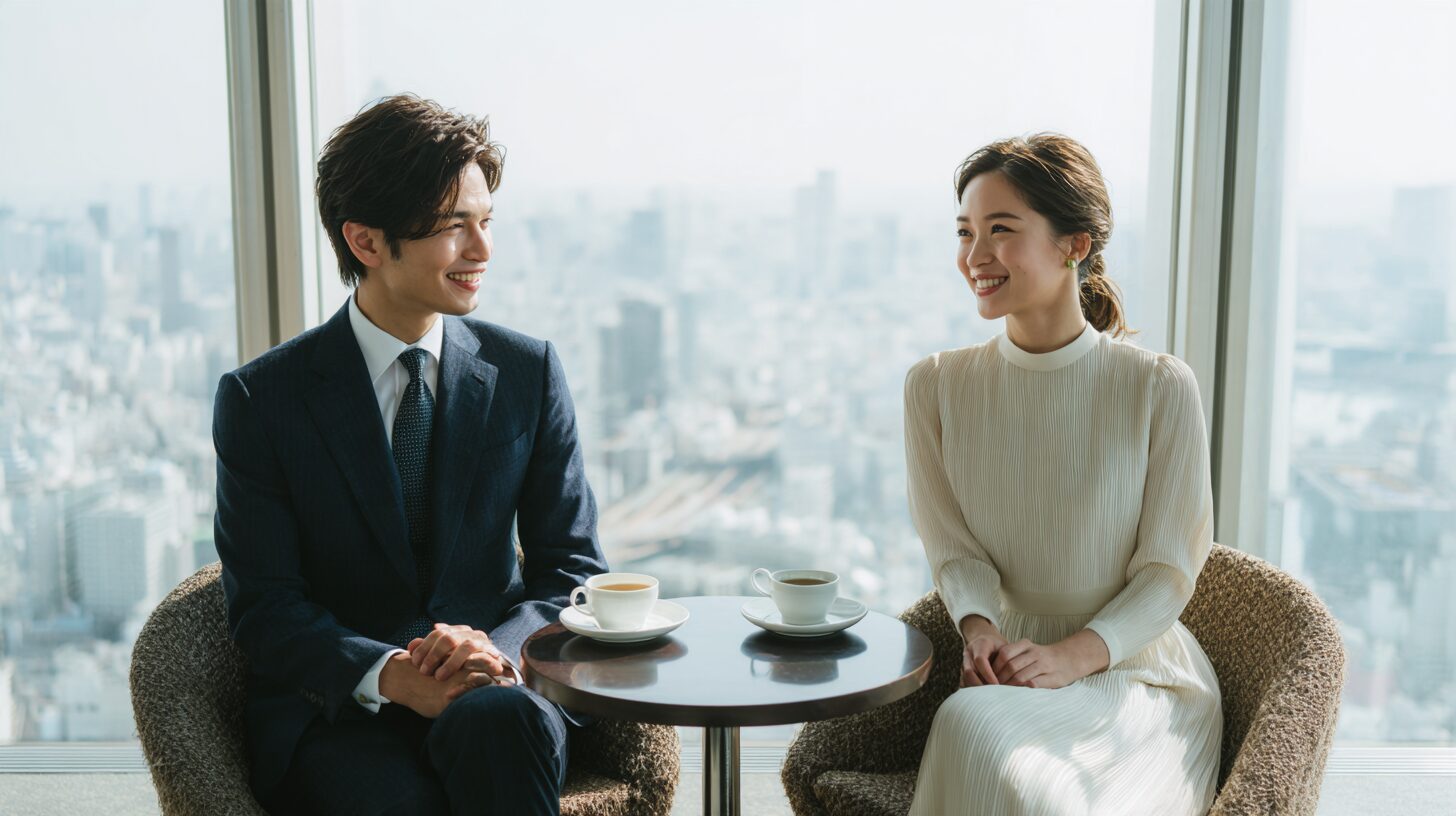 高層階のラウンジでお見合いをする男女のイメージ