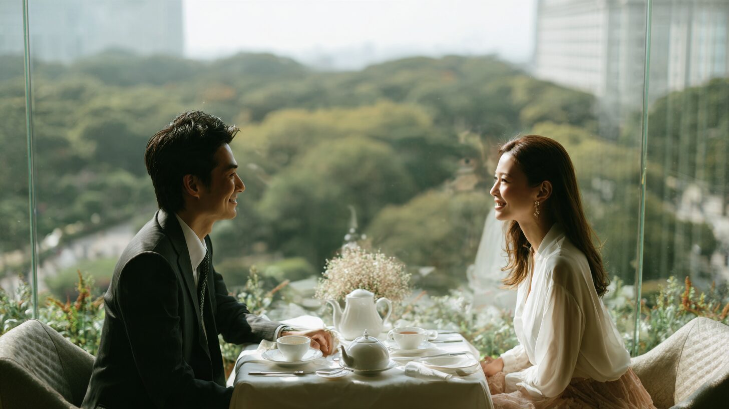 緑を望むラウンジでお茶をする男女のイメージ