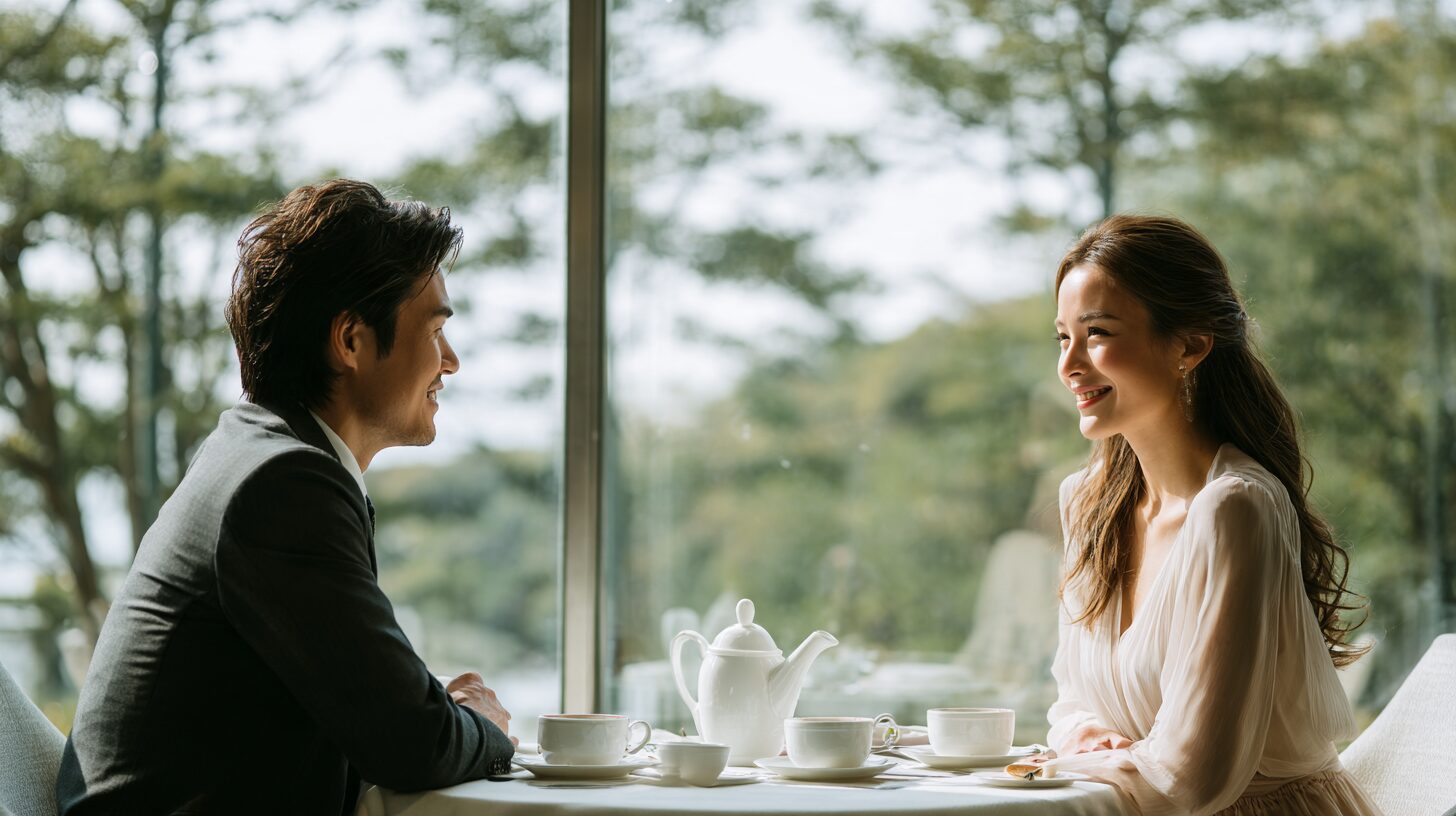 緑の見えるラウンジで話す男女のイメージ