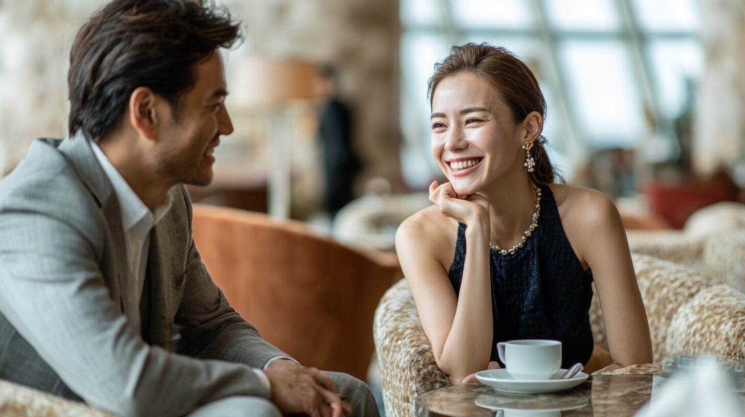 ラウンジで向き合うスーツ姿の男性と女性のイメージ