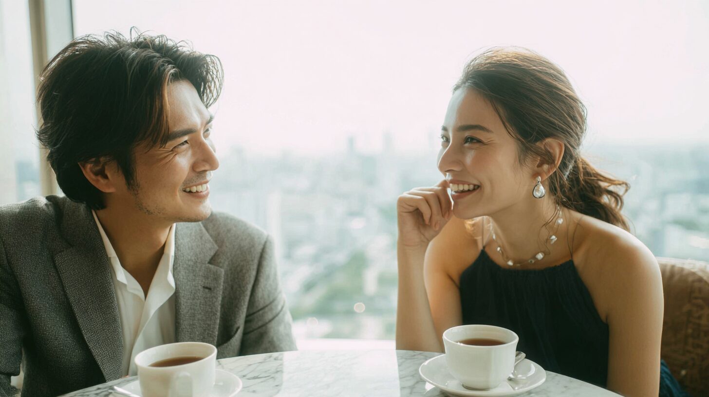 ホテルラウンジで笑顔で会話する男女のイメージ