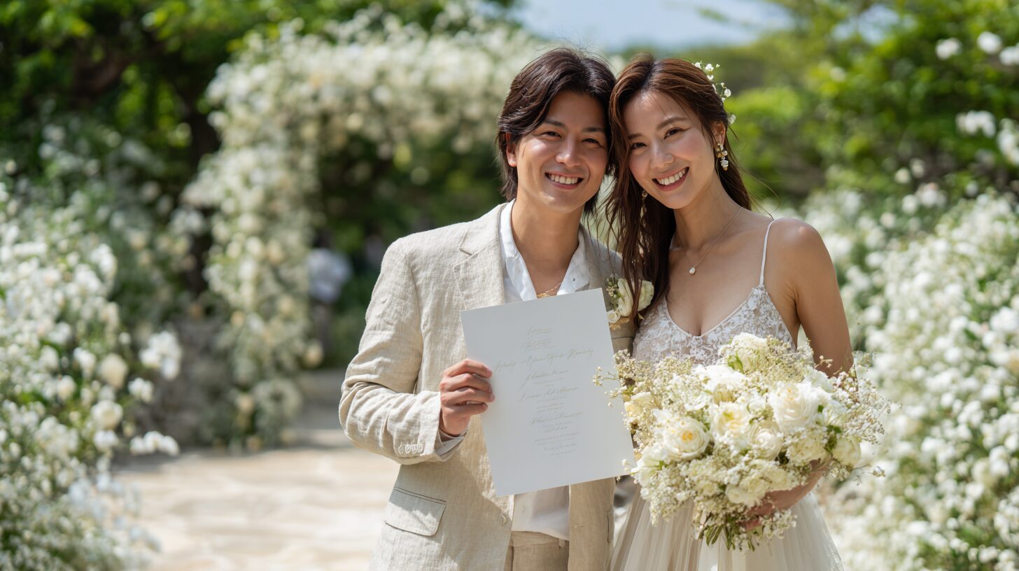 白い花に囲まれた小道で笑顔の新郎新婦のイメージ写真