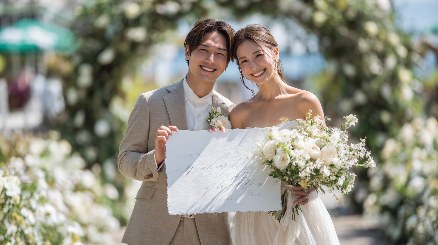 白い花に囲まれて笑う2人のイメージ写真
