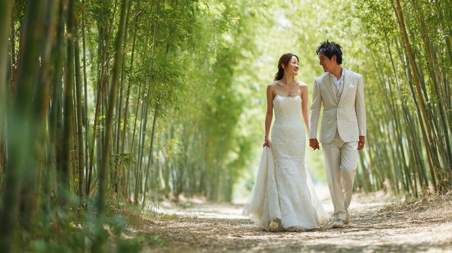 竹林の道を歩く新郎新婦のイメージ写真