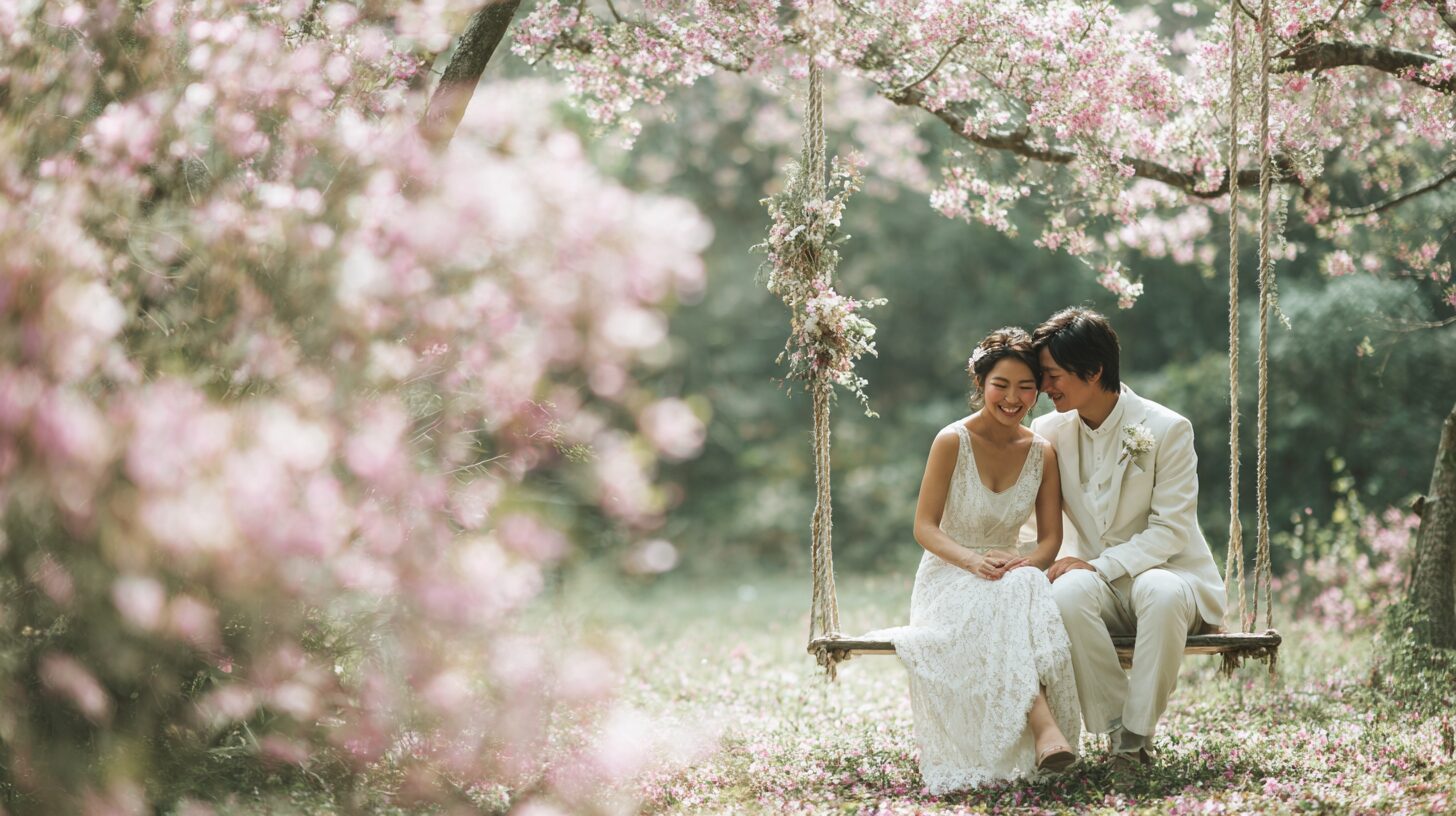 花の下のブランコに座る新郎新婦のイメージ写真