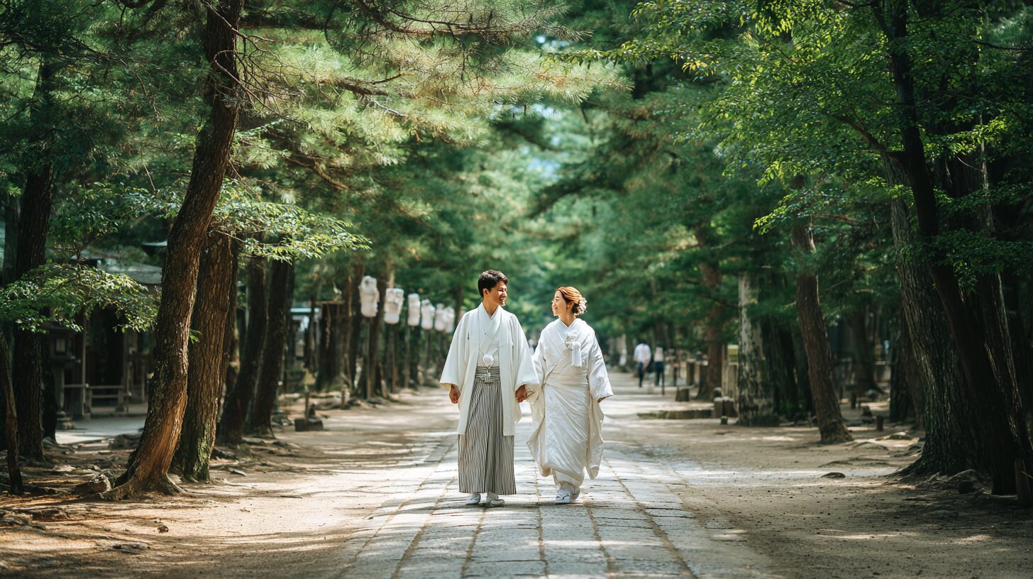 参道を並んで歩く新郎新婦のイメージ写真