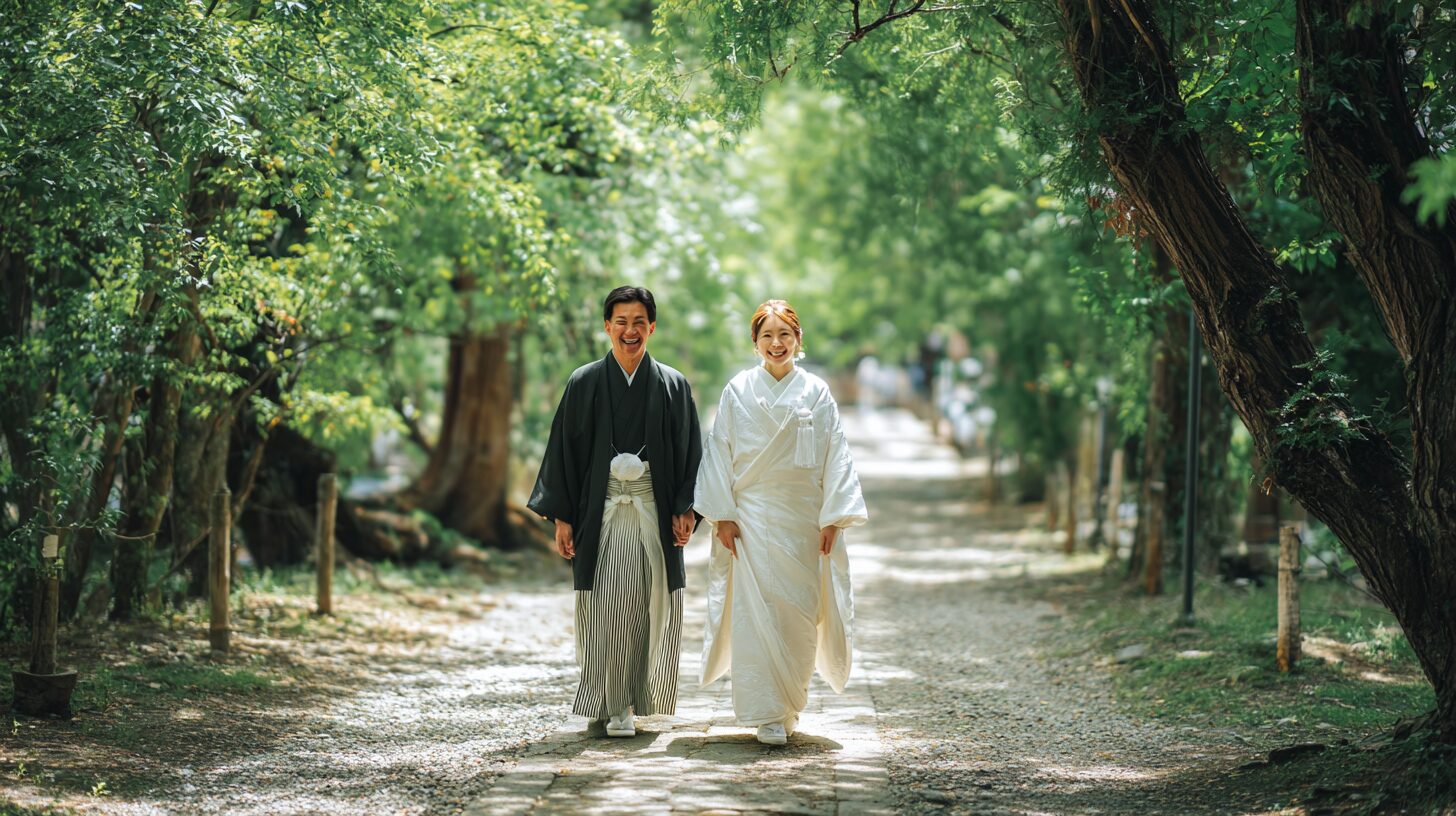 参道を並んで歩く新郎新婦のイメージ写真